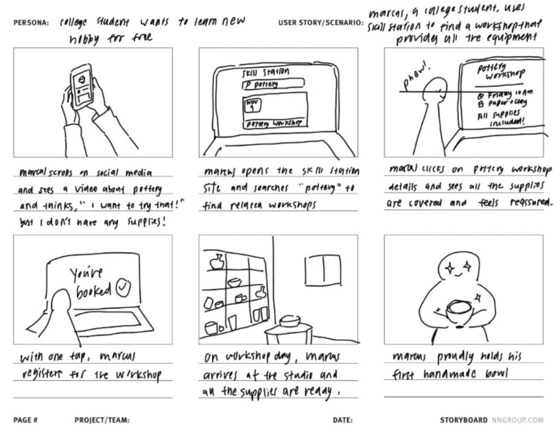 Storyboard of a student booking a pottery workshop with supplies included