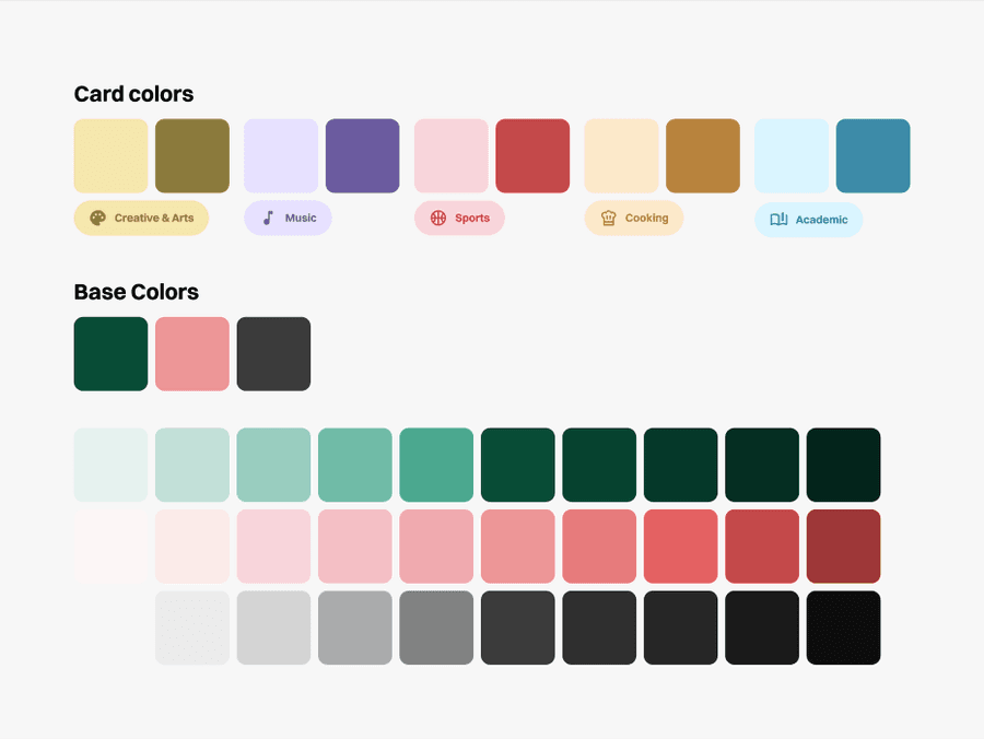 Tessera color tokens: card category colors and base colors with tint ramps