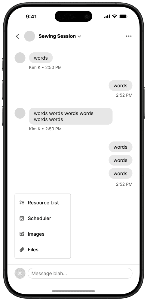 Sewing Session chat with the attachment menu open, listing Resource List and Scheduler as separate actions