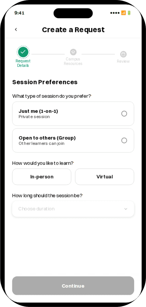 Session preferences: just me (1-on-1) or open to others (group)