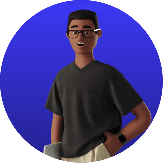 Portrait of the peer learner, a student with glasses, a dark shirt, and a laptop